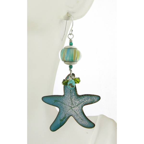 turquoise white green enamel on copper starfish, lampwork turquoise earrings