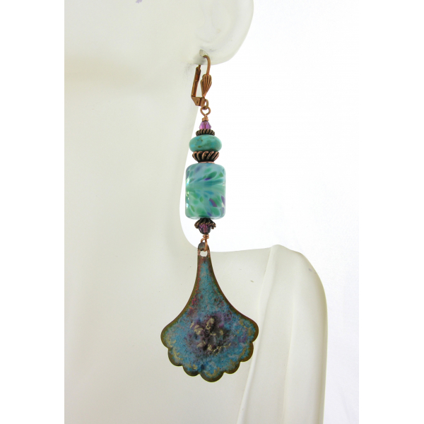 Artisan made organic enamel on copper Arizona turquoise purple earrings