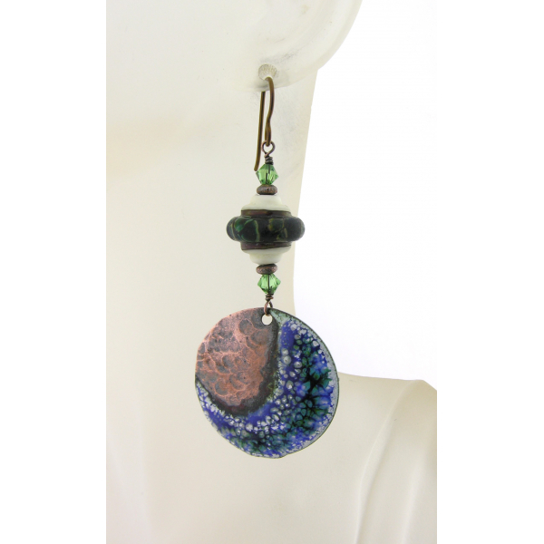 Artisan made blue green white organic enamel on copper earrings lampwork niobium