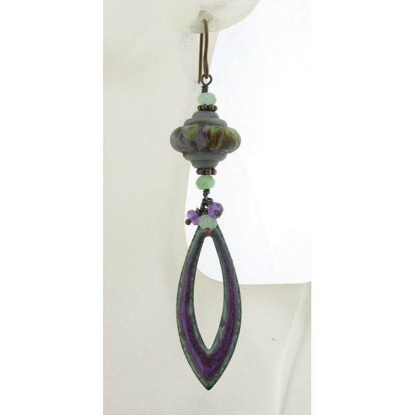 Green, purple enamel on copper, lampwork, amethyst, jade earrings copper