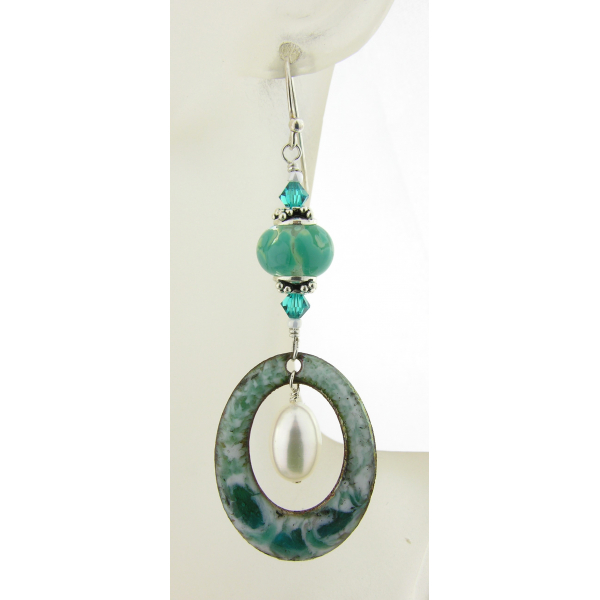 teal white aqua enamel on copper oval, lampwork pearls earrings