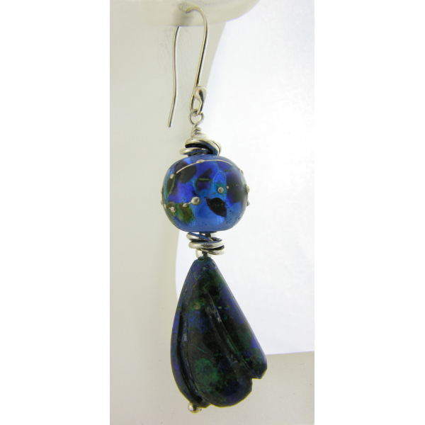 Handmade blue earrings with blue green lampwork glass, azurite wing, sterling