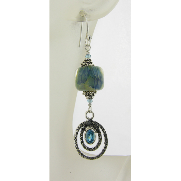 Teal, aqua, green earrings with lampwork glass, blue topaz sterling silver