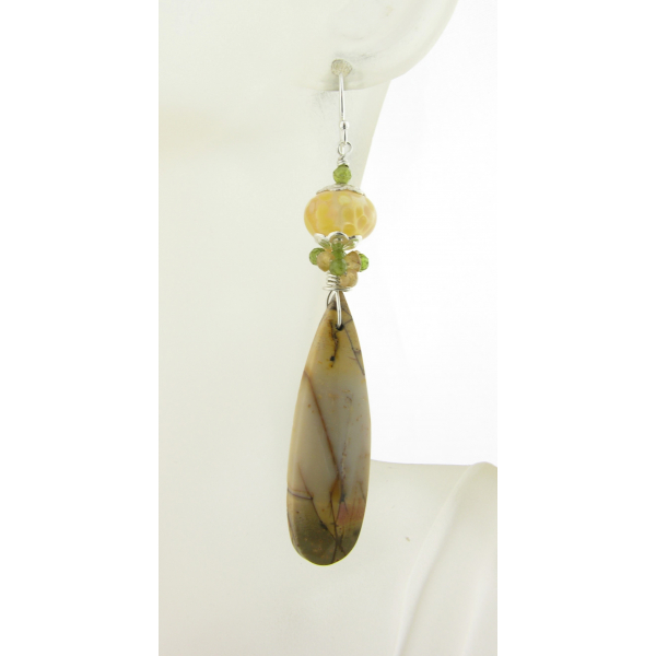 Handmade yellow green earrings with lampwork, red creek jasper, garnet, sterling