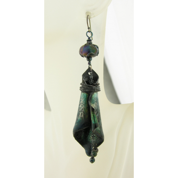 Artisan made teal black enamel on copper earrings sterling silver chrysocolla