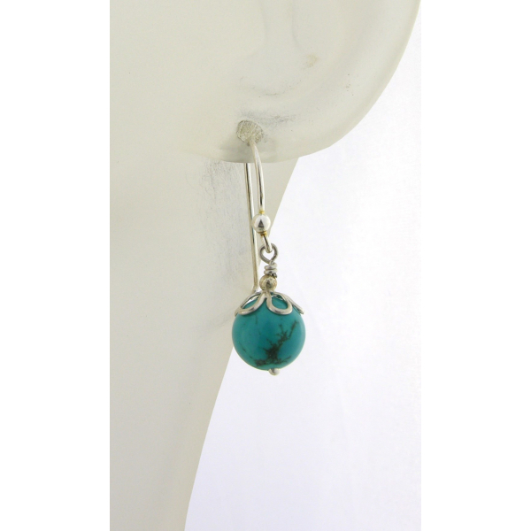 Artisan short turquoise earrings with sterling silver petals