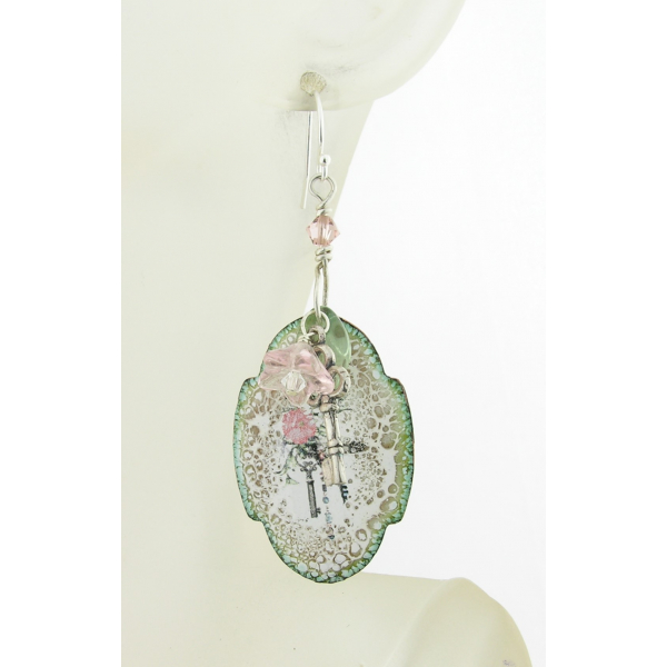 pink green bouquet on ivory beige enamel on copper, boho earrings sterling