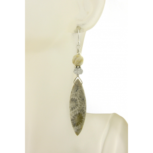 Hand made ivory grey fossil coral quartz river stone sterling earrings