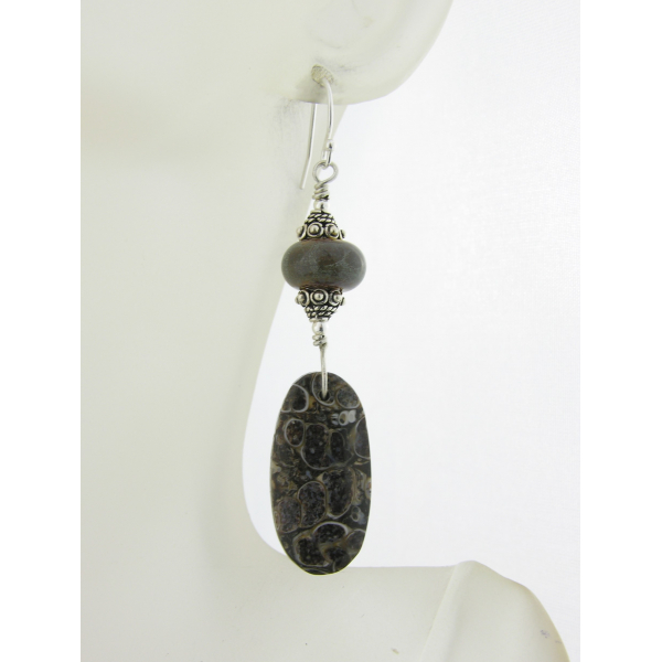 Hand made brown gray fossil turritella agate lampwork sterling earrings