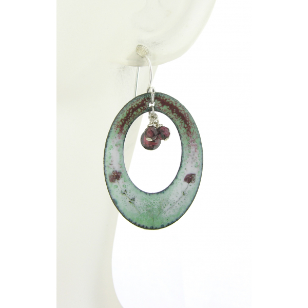 Artisan made red and light mint green enamel on copper earrings garnet sterling