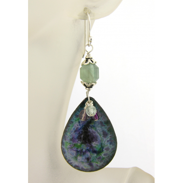 Green, blue, purple enamel on copper, fluorite and sterling earrings