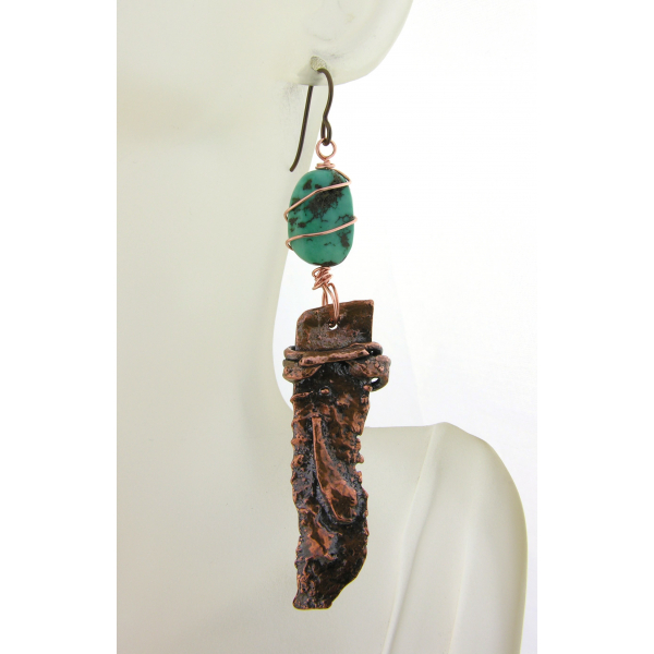 Artisan made reticulated copper drops and USA turquoise earrings