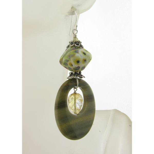 Yellow gray earrings with lampwork, silver leaf jasper, citrine, sterling