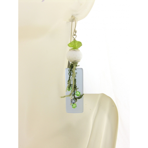 blue white green lampwork peridot sea glass earrings