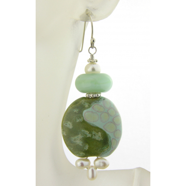 Artisan made light green white turquoise ceramic pearl earrings sterling