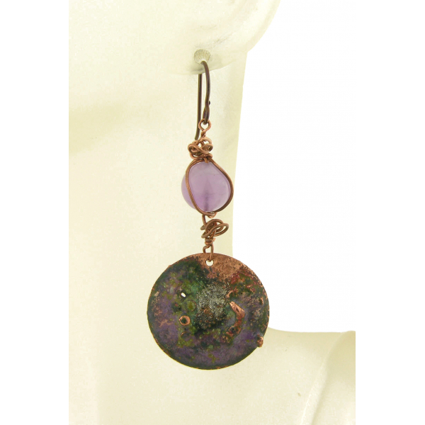 Artisan made reticulated enameled copper drops and amethyst earrings