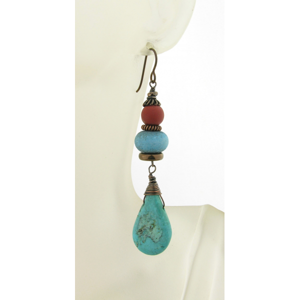 Handmade earrings with turquoise red jasper lampwork copper