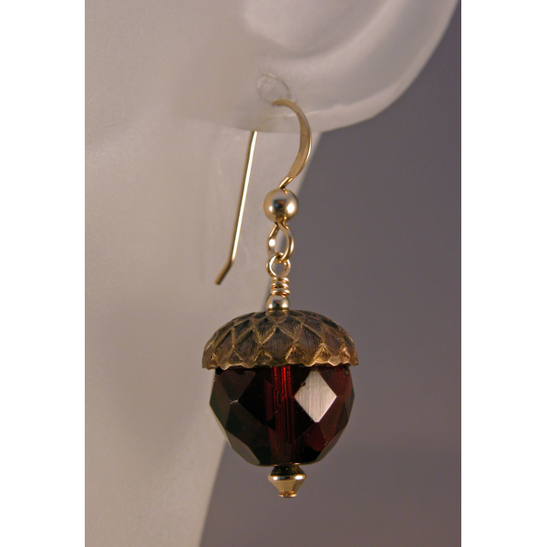 Handmade earrings with dark brown Czech glass acorn gold fill fall autumn