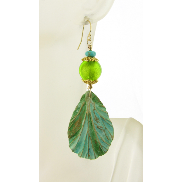 Artisan lime turquoise green earrings with polymer leaf venetian glass gold fill