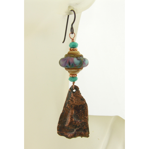 Artisan made reticulated copper drops, lampwork and turquoise earrings