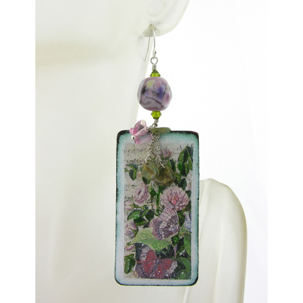 pink roses bouquet on ivory beige enamel on copper, lampwork, vintage earrings