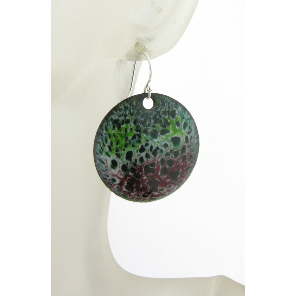 Artisan made red green white enamel on copper disks earrings in sterling silver