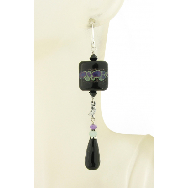 Artisan earrings in black, purple green black onyx amethyst burmese jade moon