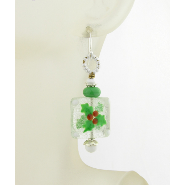 artisan red, white, green lampwork with holly leaves earrings sterling silver