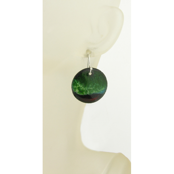 Artisan made red green white enamel on copper disks earrings in sterling silver