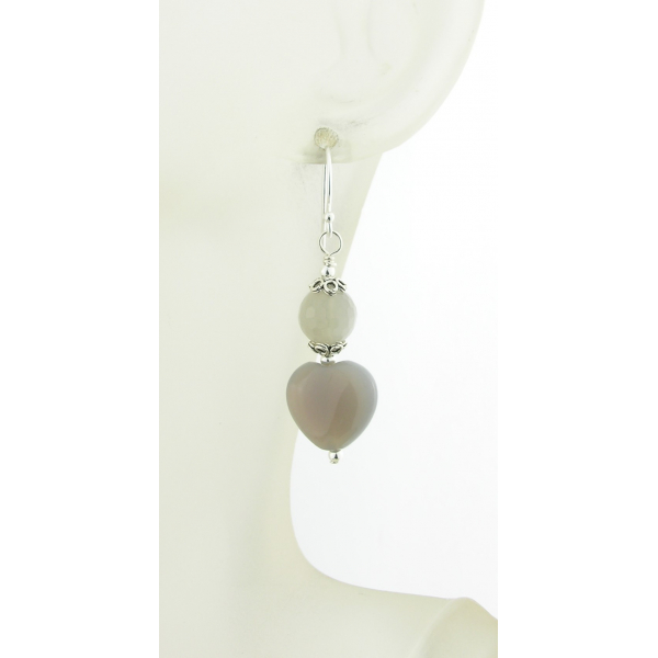 Handmade artisan earrings chalcedony heart grey quartz sterling silver