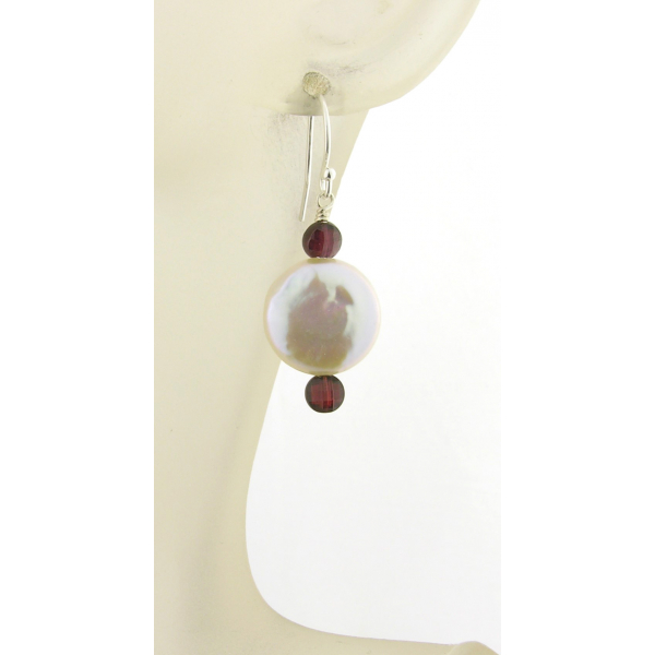 Pearls and Garnets Earrings - Freshwater coin pearl garnet sterling silver