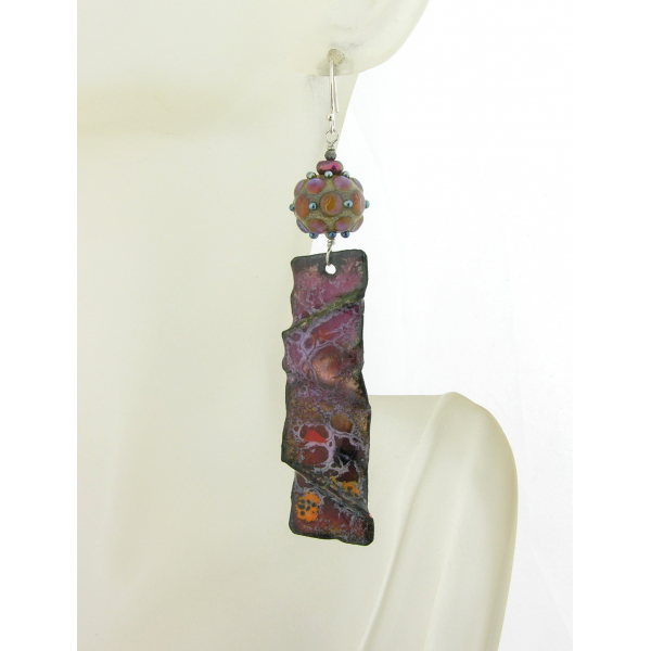 Artisan made rose orange red enamel on copper earrings sterling silver lampwork