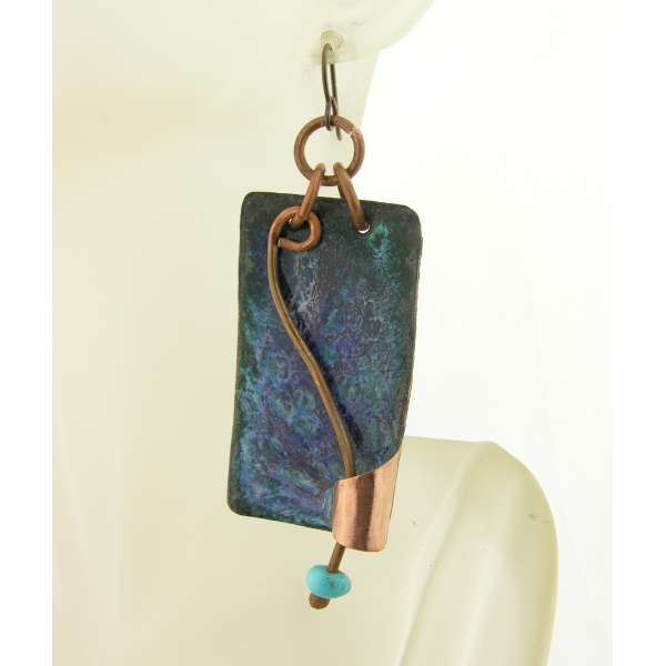 Artisan made blue purple enamel copper and turquoise earrings