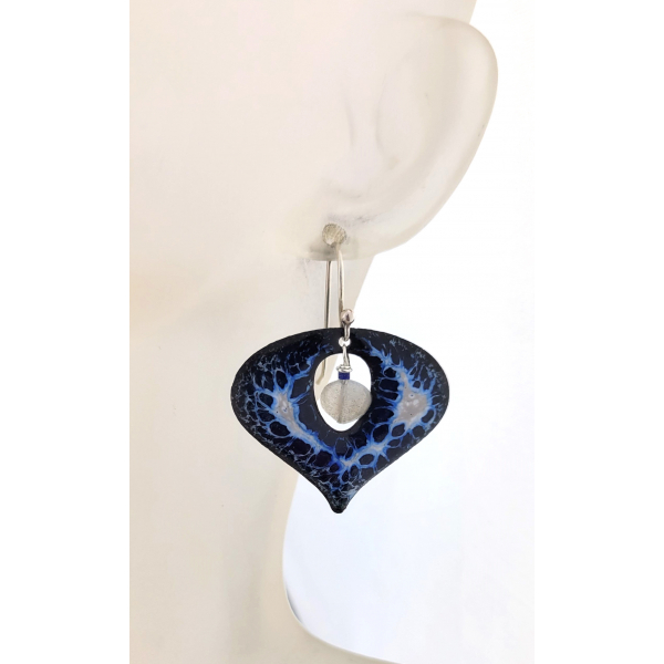Artisan made blue white gray enamel on copper earrings moonstone lapis sterling