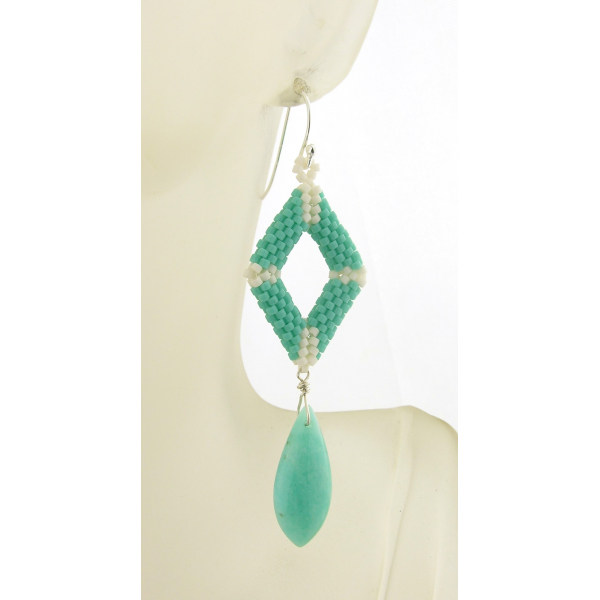 Turquoise Diamonds Earrings - turquoise offwhite seed bead weave artisan srajd