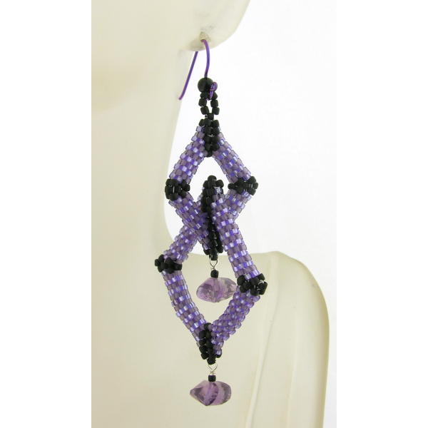 Purple and Black Diamonds Earrings - seed bead weave amethyst sterling silver