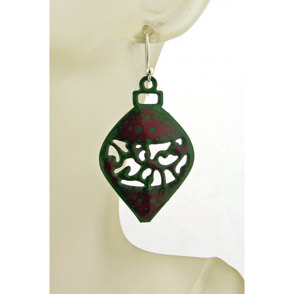 Artisan made red and green enamel on copper filigree ornament earrings