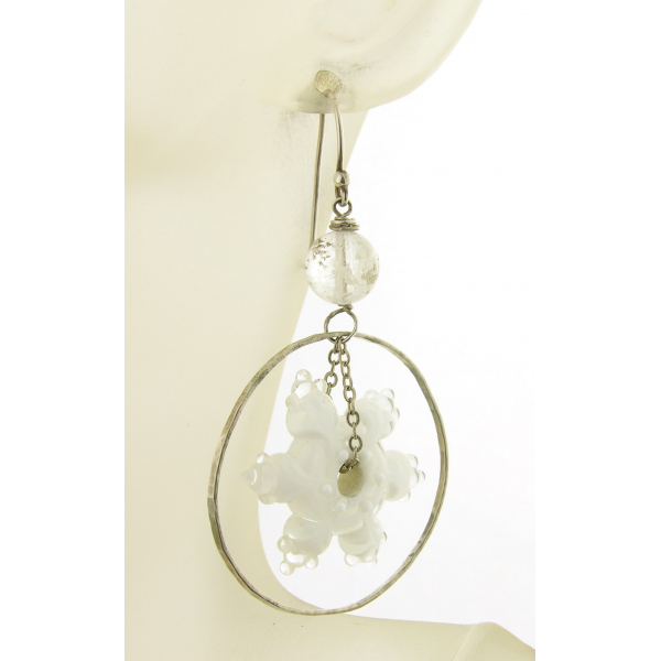 Artisan made white glass snowflake earrings in sterling Christmas