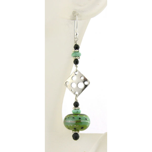 Artisan made lime black earrings with handmade lampwork glass turquoise sterling