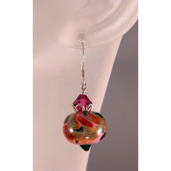 Handmade pink, olive, black, fuchsia earrings, lampwork, crystals and sterling