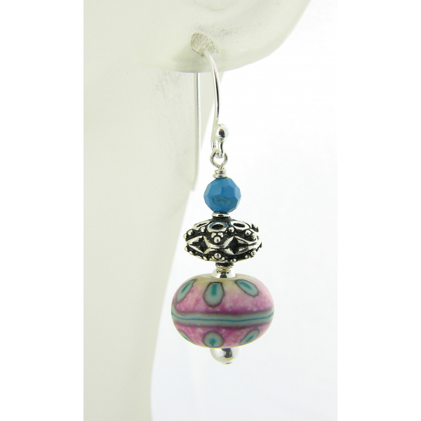 Handmade pink, white, turquoise earrings with lampwork, turquoise, sterling