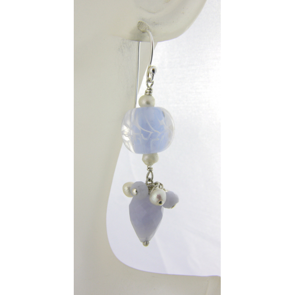 Handmade blue earrings with light blue lace agate lampwork, pearls, sterling