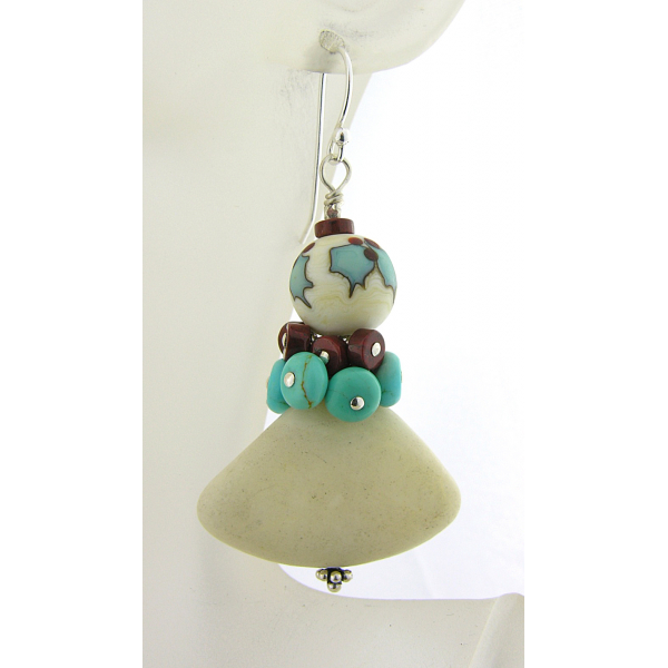 Handmade holly earrings with turquoise, red jasper, marble, lampwork, sterling