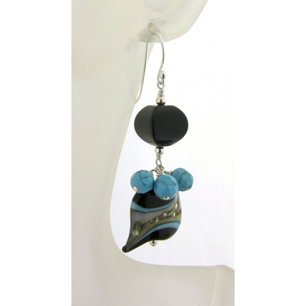 Handmade turquoise black lampwork gemstone earrings with onyx turquoise sterling