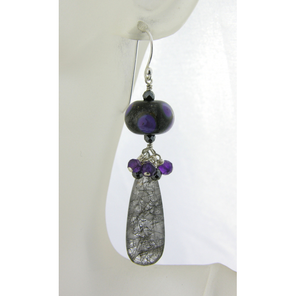 Handmade earrings purple black lampwork amethyst rutilated quartz sterling