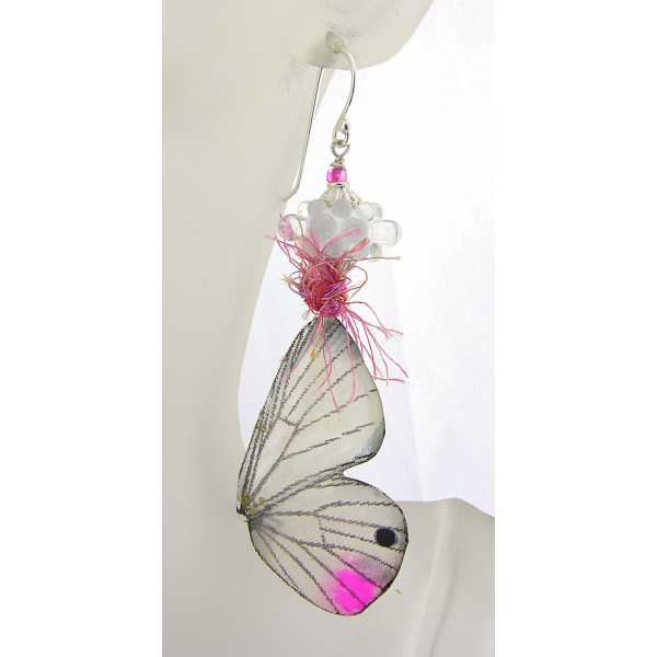 Handmade copper pink white butterfly wing earrings lampwork resin yarn sterling