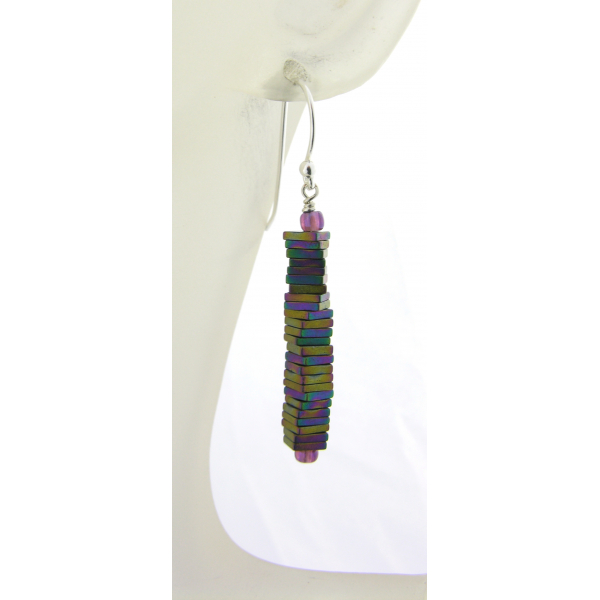 Handmade rainbow column earrings with titanium coated pyrite gemstones sterling