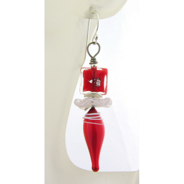 Artisan made red white sterling silver earrings with lampwork Venetian glass