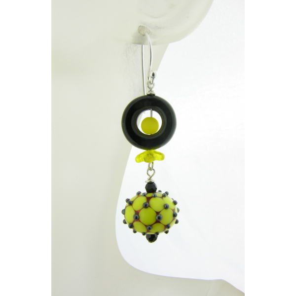 Hand made yellow black earrings dotted lampwork glass, onyx, sterling