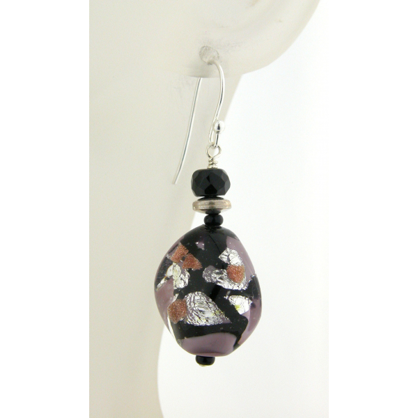 Handmade necklace earrings set with black purple Venetian bead onyx  sterling